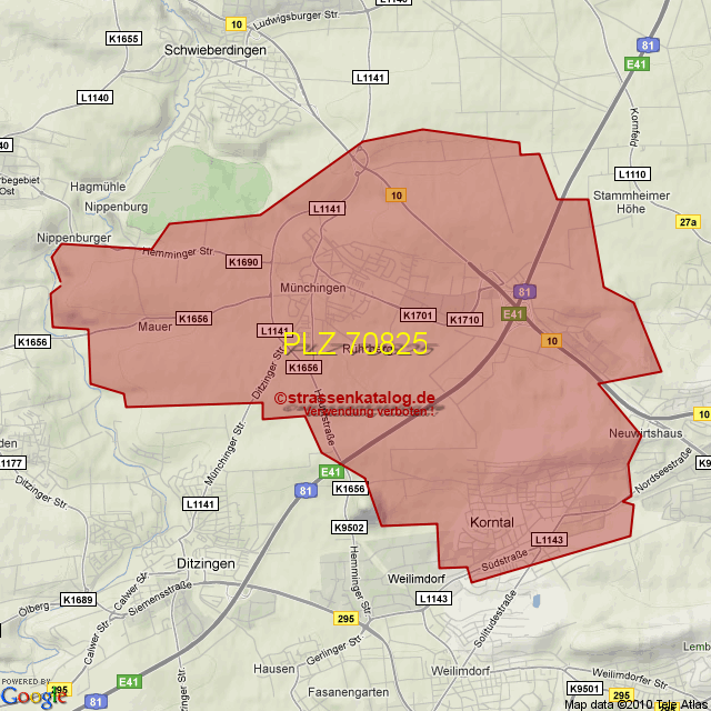 Postleitzahlgebiet 70825 - PLZ